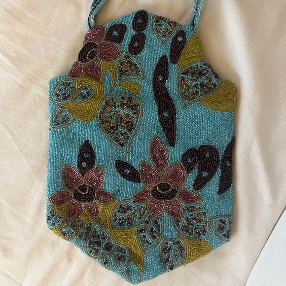 Chan Luu beaded and silk vintage handbag,  blue bronze with pink flowers, yellow - Picture 3 of 13